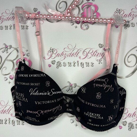 Victoria secret bra logo print black pink writing rare all over logo straps - Picture 1 of 6